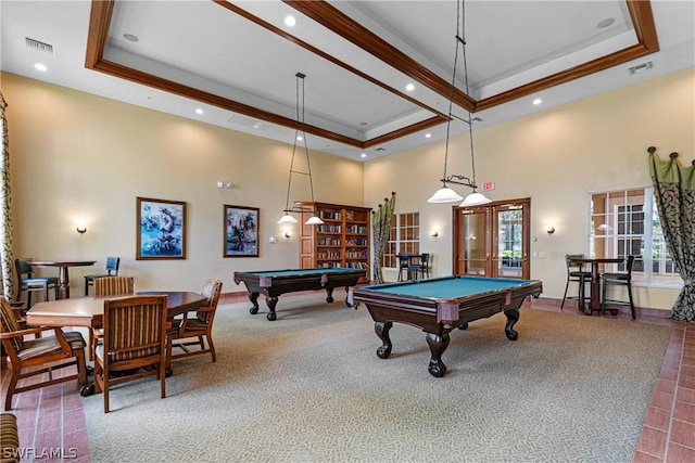 playroom featuring carpet, french doors, a raised ceiling, a towering ceiling, and pool table