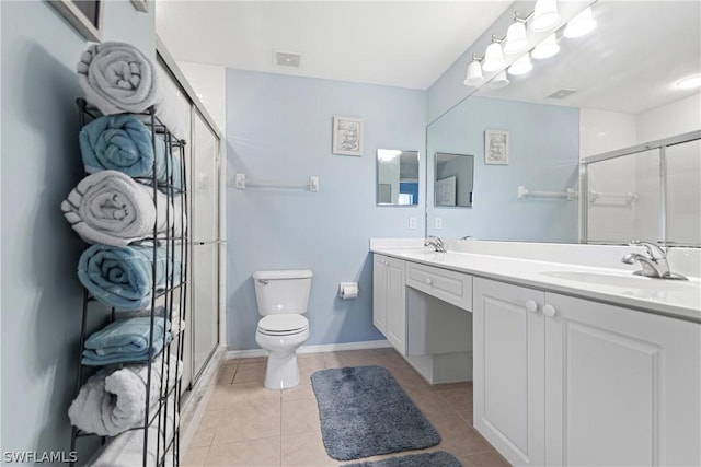 bathroom with tile patterned flooring, vanity, toilet, and a shower with door