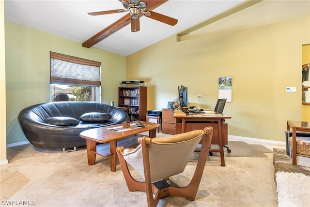 living room featuring ceiling fan, light colored carpet, and vaulted ceiling with beams