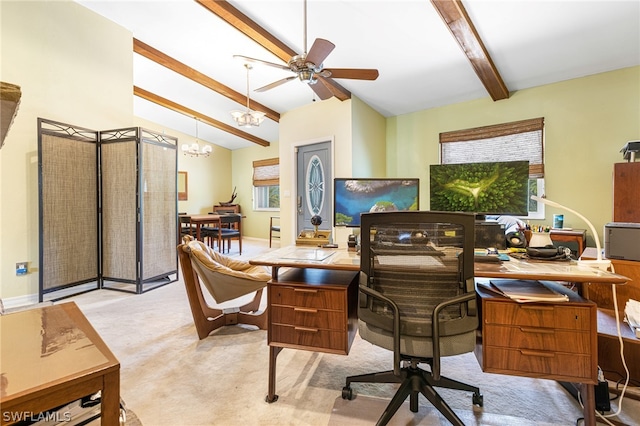 carpeted office featuring lofted ceiling with beams and ceiling fan with notable chandelier