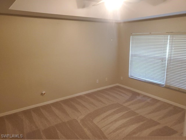 unfurnished room with ceiling fan and carpet