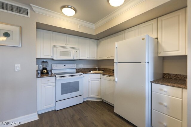 kitchen featuring dark hardwood / wood-style floors, sink, white cabinetry, white appliances, and ornamental molding