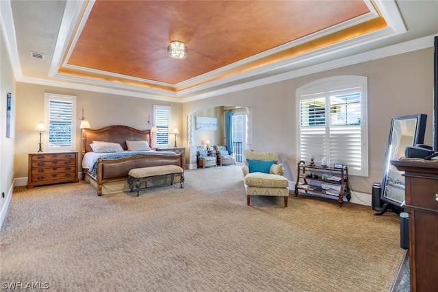 carpeted bedroom featuring a raised ceiling and ornamental molding