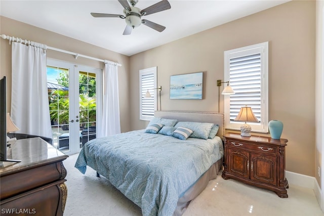 carpeted bedroom with access to outside, french doors, and ceiling fan