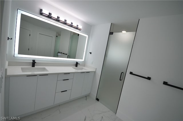 bathroom with dual vanity and tile flooring