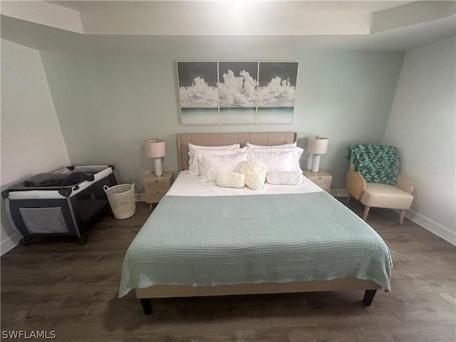 bedroom with hardwood / wood-style flooring and a tray ceiling