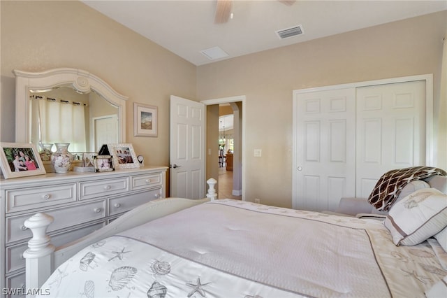 bedroom featuring ceiling fan and a closet