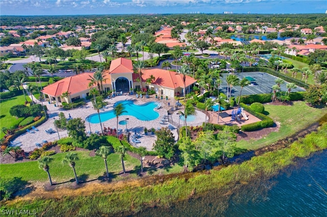 drone / aerial view featuring a water view