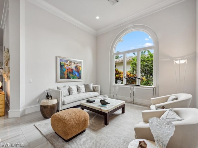 living room with ornamental molding