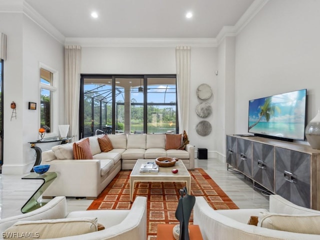 living room featuring a healthy amount of sunlight and ornamental molding