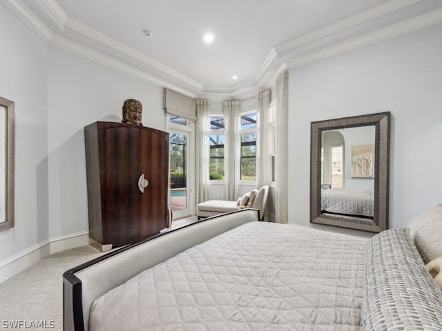 carpeted bedroom with ornamental molding