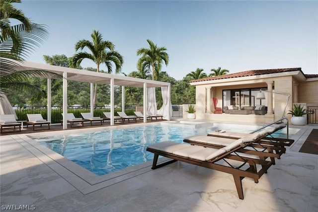 pool featuring a patio and fence