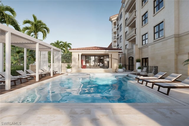 view of swimming pool featuring a patio and an outdoor living space with a fireplace