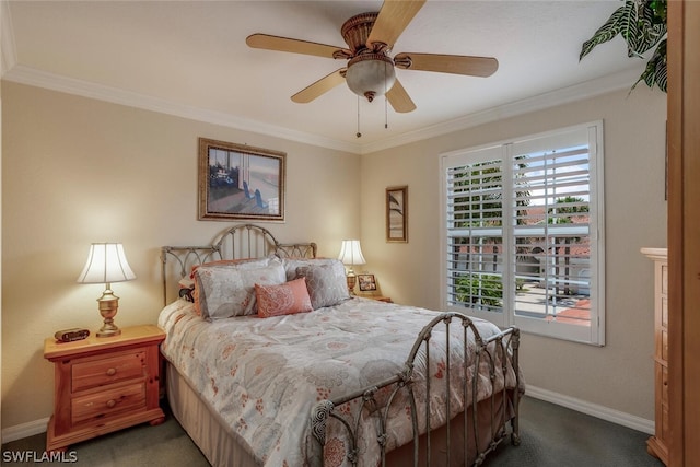 bedroom with ceiling fan, dark colored carpet, and ornamental molding