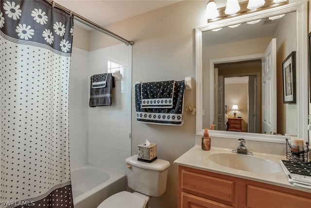 full bath with toilet, shower / bath combination with curtain, and vanity