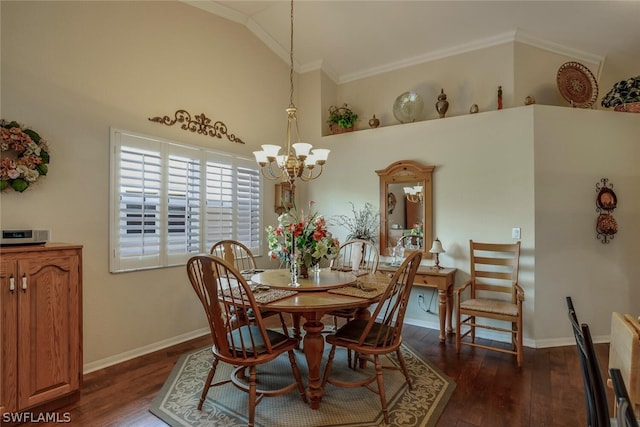 dining area featuring vaulted ceiling, dark hardwood / wood-style flooring, a chandelier, and ornamental molding