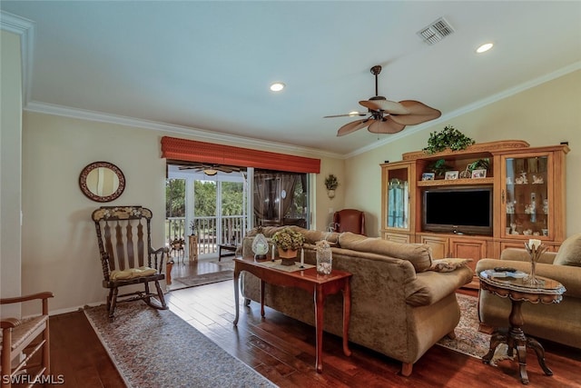 living room featuring wood-type flooring, ceiling fan, french doors, and crown molding