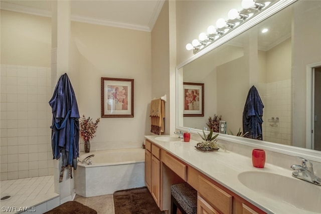 bathroom featuring tile floors, crown molding, dual vanity, and shower with separate bathtub