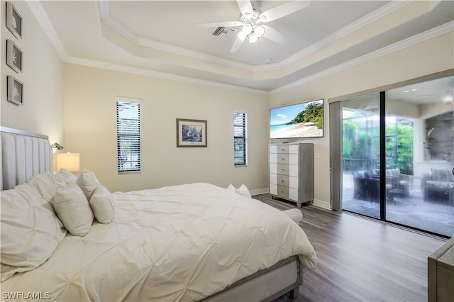 bedroom with multiple windows, access to exterior, and a tray ceiling