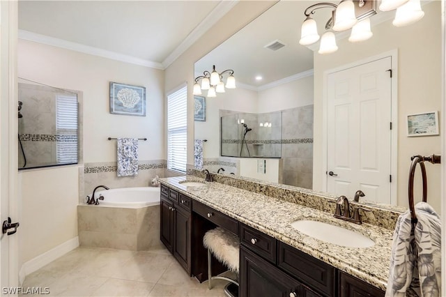 bathroom featuring tile floors, dual bowl vanity, ornamental molding, and independent shower and bath