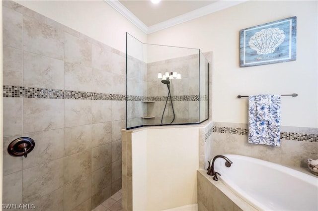 bathroom with ornamental molding and plus walk in shower