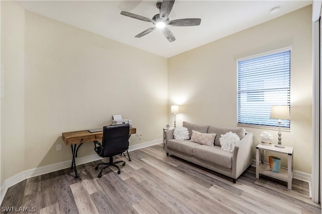 home office featuring ceiling fan and light wood-type flooring