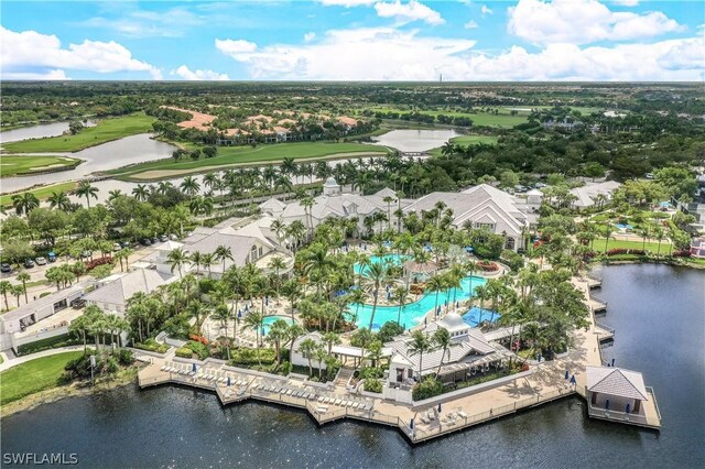 birds eye view of property featuring a water view