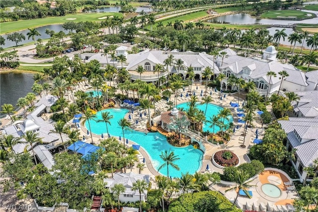 bird's eye view with a water view