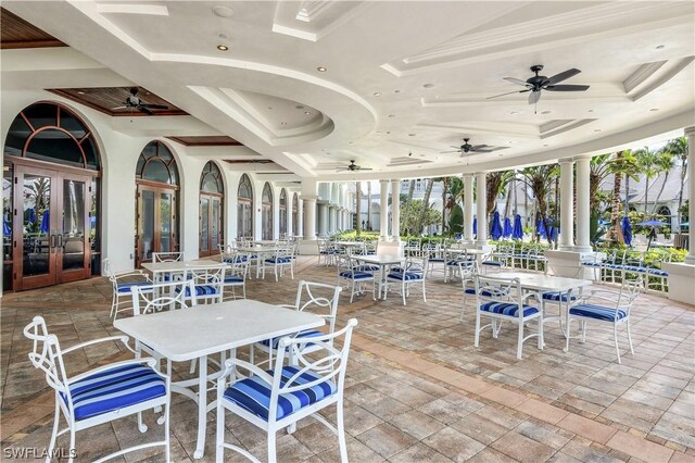 view of terrace with french doors and ceiling fan