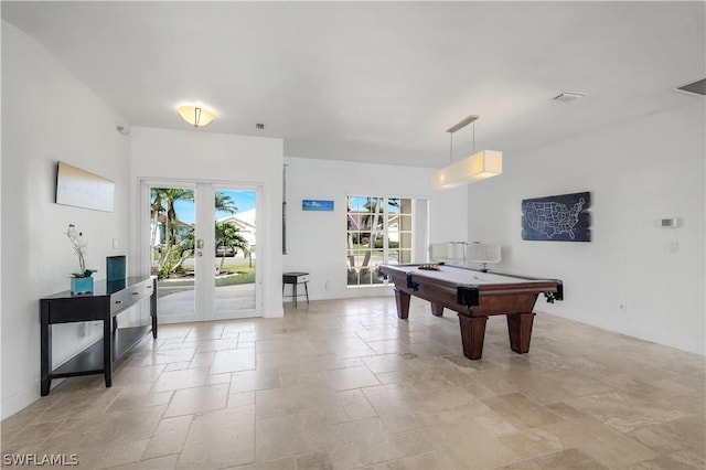 rec room with french doors and pool table