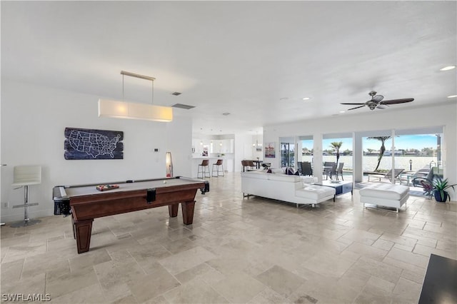 game room featuring ceiling fan and pool table