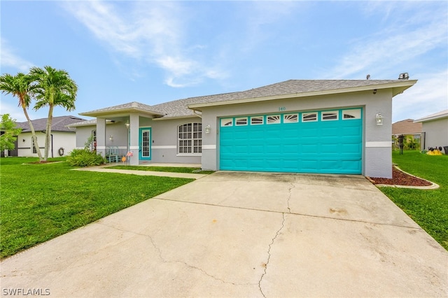 view of front of home with a front lawn and a garage