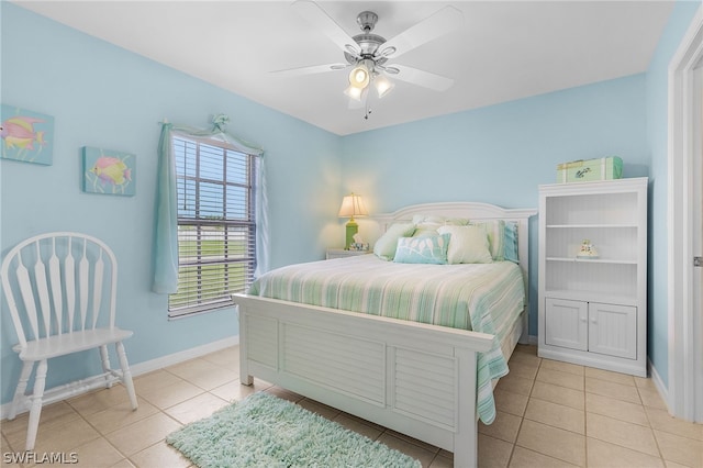 bedroom featuring light tile patterned floors and ceiling fan