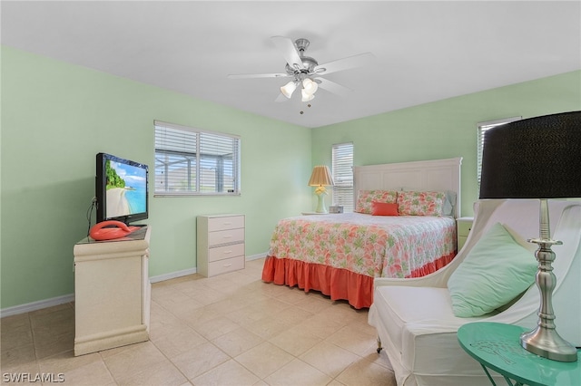 bedroom featuring ceiling fan and multiple windows