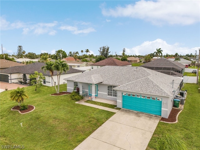 view of front of house with a front yard and a garage