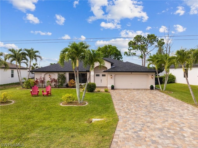 ranch-style home with a garage and a front lawn