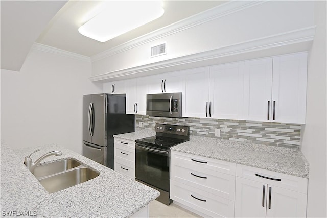 kitchen with sink, light stone counters, backsplash, appliances with stainless steel finishes, and white cabinets