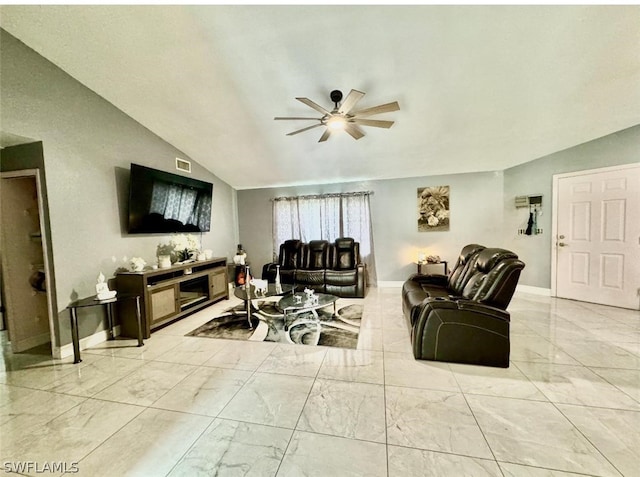 tiled living room featuring lofted ceiling and ceiling fan