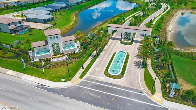 drone / aerial view featuring a water view