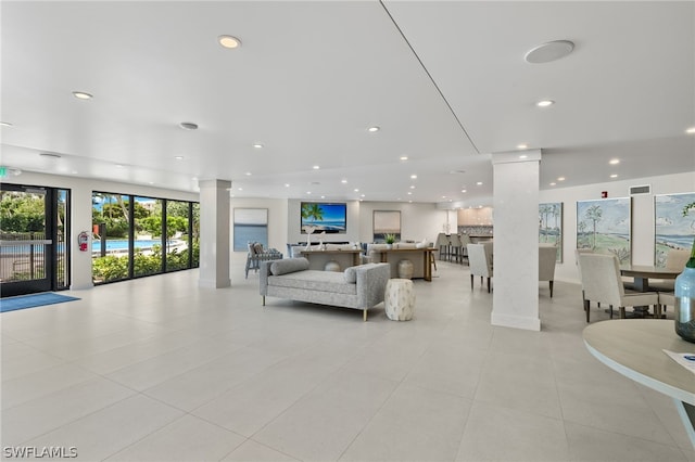 living room featuring light tile patterned floors