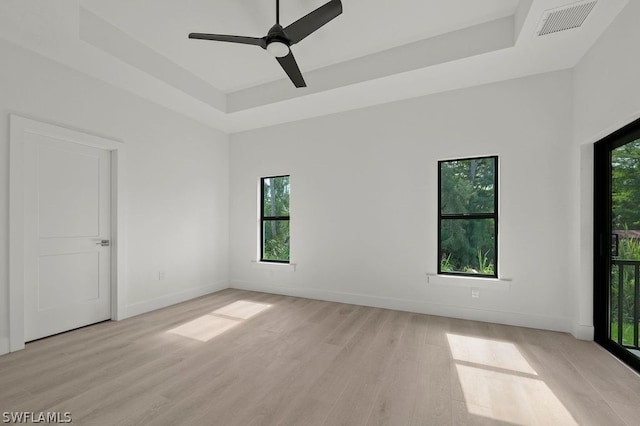 spare room with a raised ceiling, a wealth of natural light, ceiling fan, and light wood-type flooring