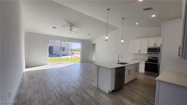 kitchen with hardwood / wood-style floors, white cabinetry, stainless steel appliances, and an island with sink