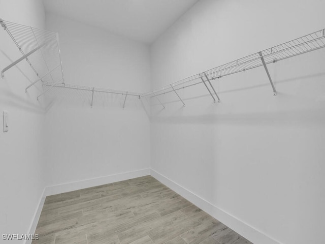 walk in closet with light hardwood / wood-style flooring