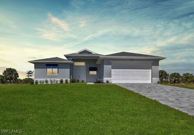 4728 NW 39th Pl, Cape Coral, FL 33993 - prairie-style home featuring a garage, stucco siding, and a front yard