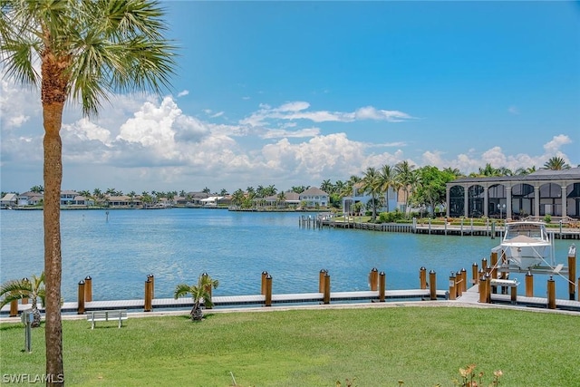 view of water feature with a boat dock