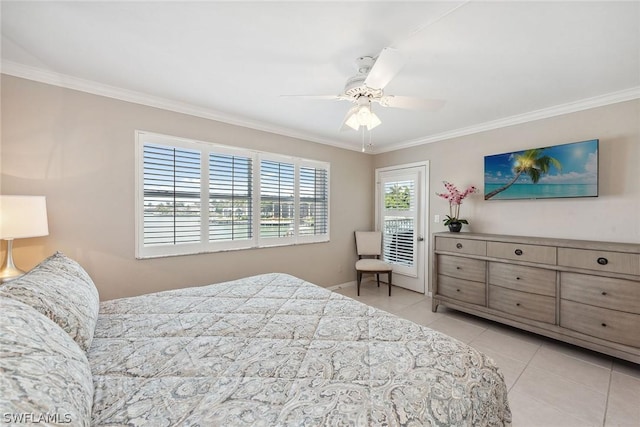 bedroom with ceiling fan, ornamental molding, and light tile patterned flooring