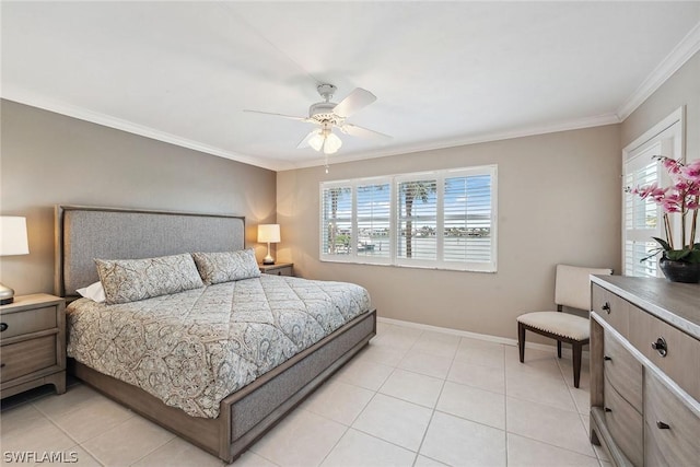 tiled bedroom featuring multiple windows, ceiling fan, and ornamental molding