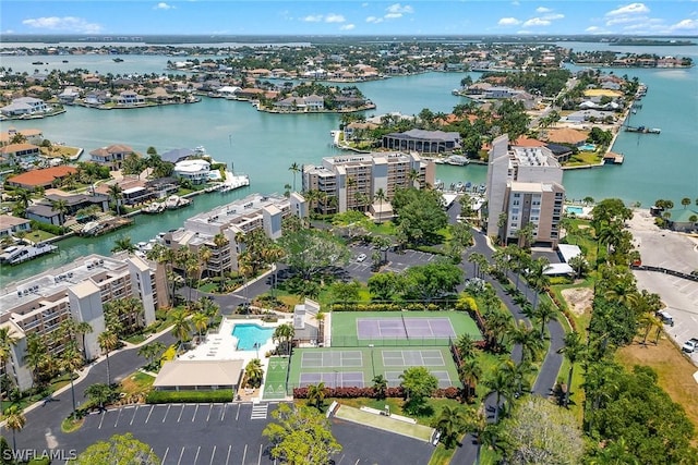 bird's eye view with a water view