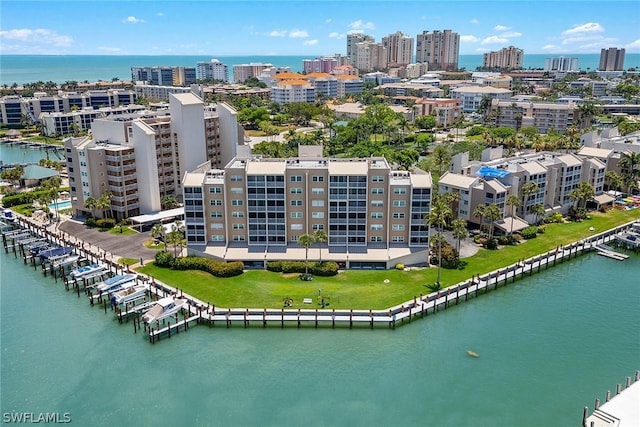 drone / aerial view with a water view