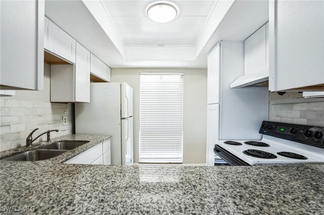 251 Palm Dr Unit 251-2, Naples, FL 34112 - kitchen featuring electric range oven, a sink, a tray ceiling, white cabinets, and freestanding refrigerator